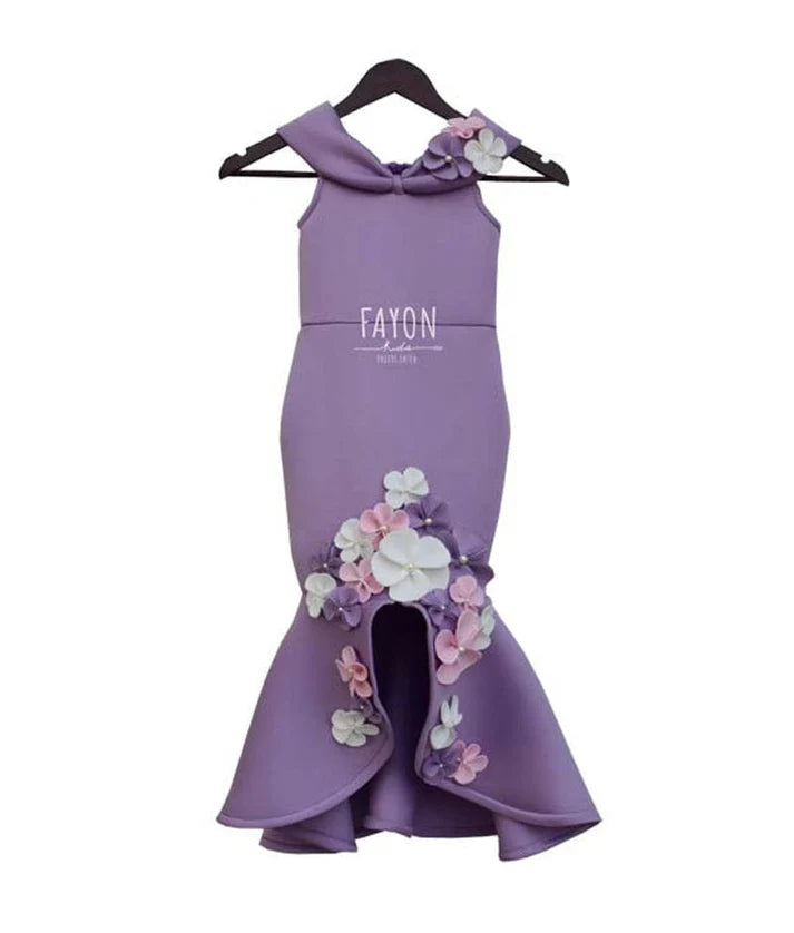 Purple Lycra Fish Cut Dress with Flowers for Girls
