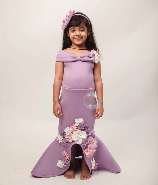 Purple Lycra Fish Cut Dress with Flowers for Girls