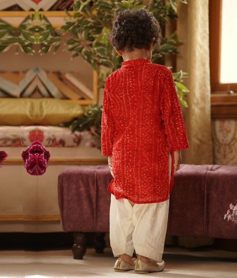 Red Bandhej Kurta Off white Salwar for Boys