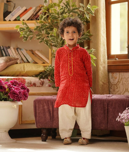 Red Bandhej Kurta Off white Salwar for Boys