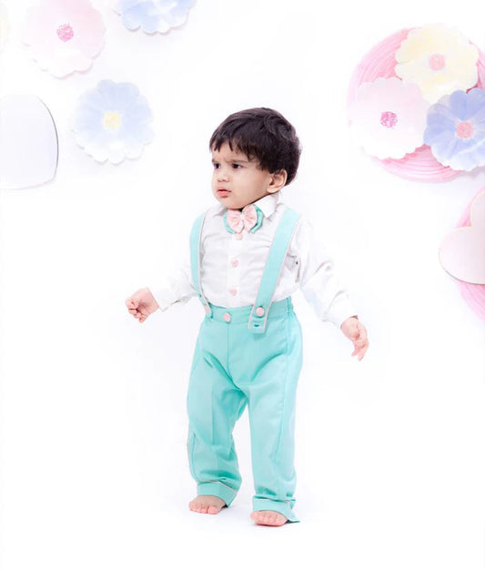 White Shirt With Suspenders Aqua Pants For Boys