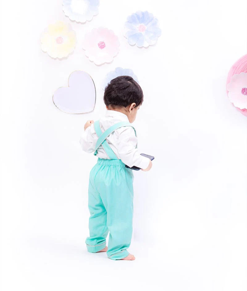 White Shirt With Suspenders Aqua Pants For Boys