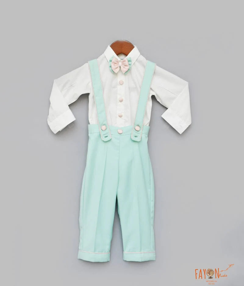 White Shirt With Suspenders Aqua Pants For Boys