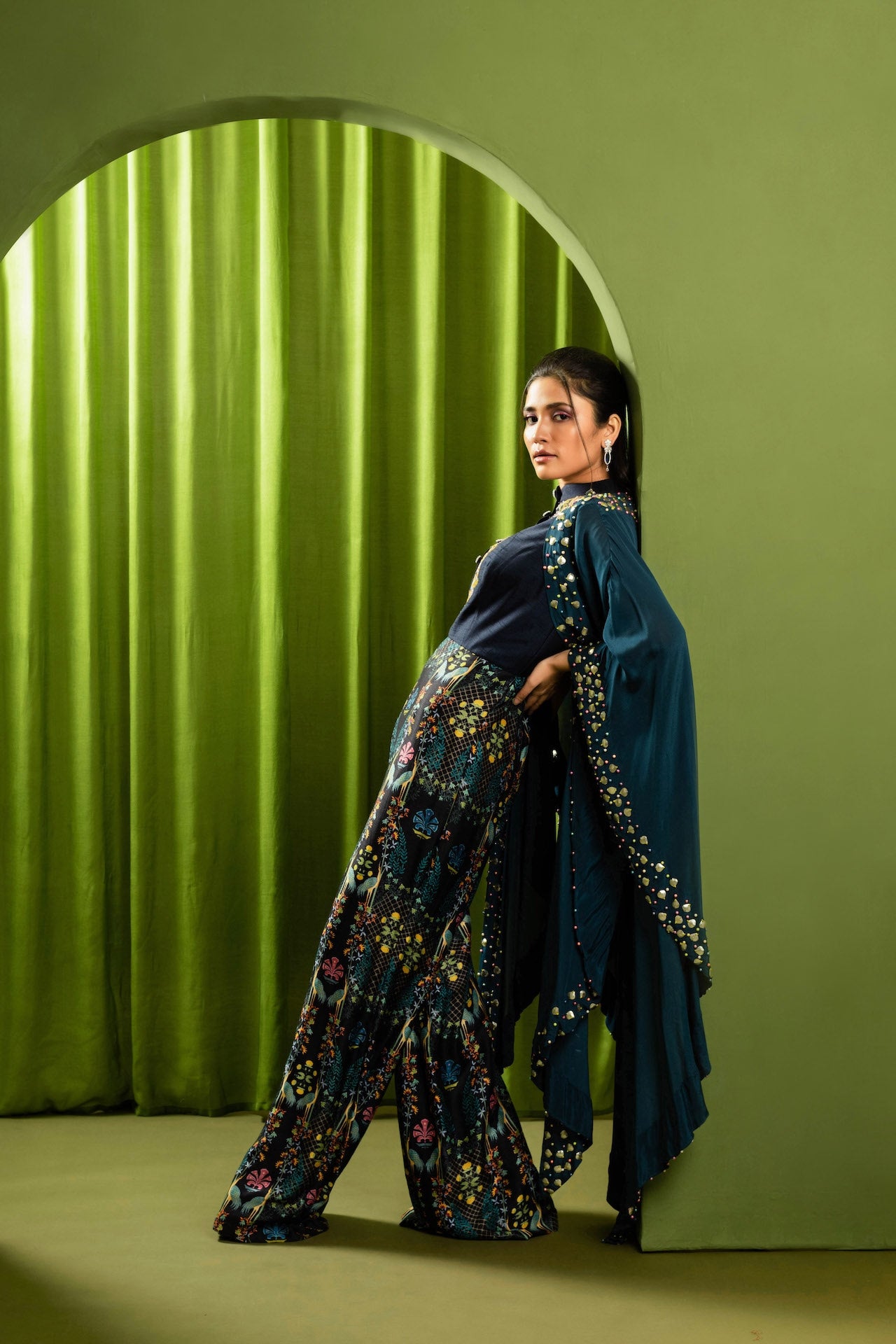 Printed Jumpsuit With Embroidered Cape