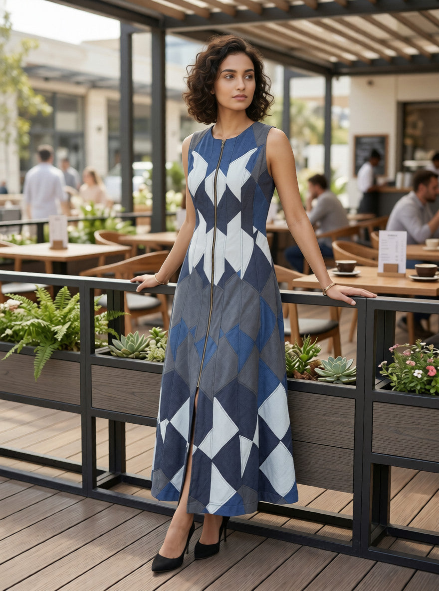 Denim Zipper Patchwork Maxi Dress