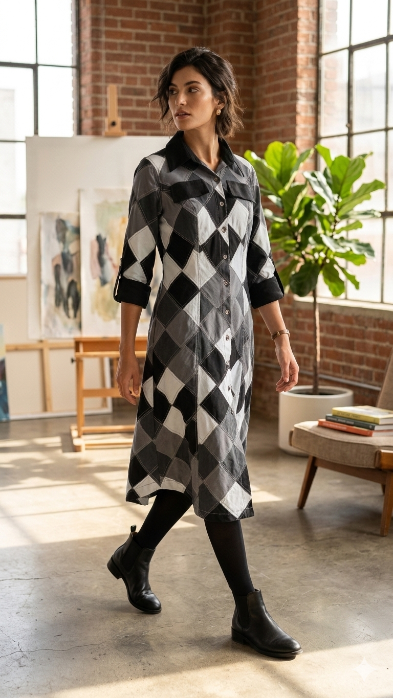 Full Sleeve Black & White Patchwork Dress