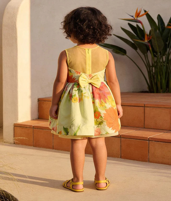 Yellow and Blue Organza Print Dress for Girls