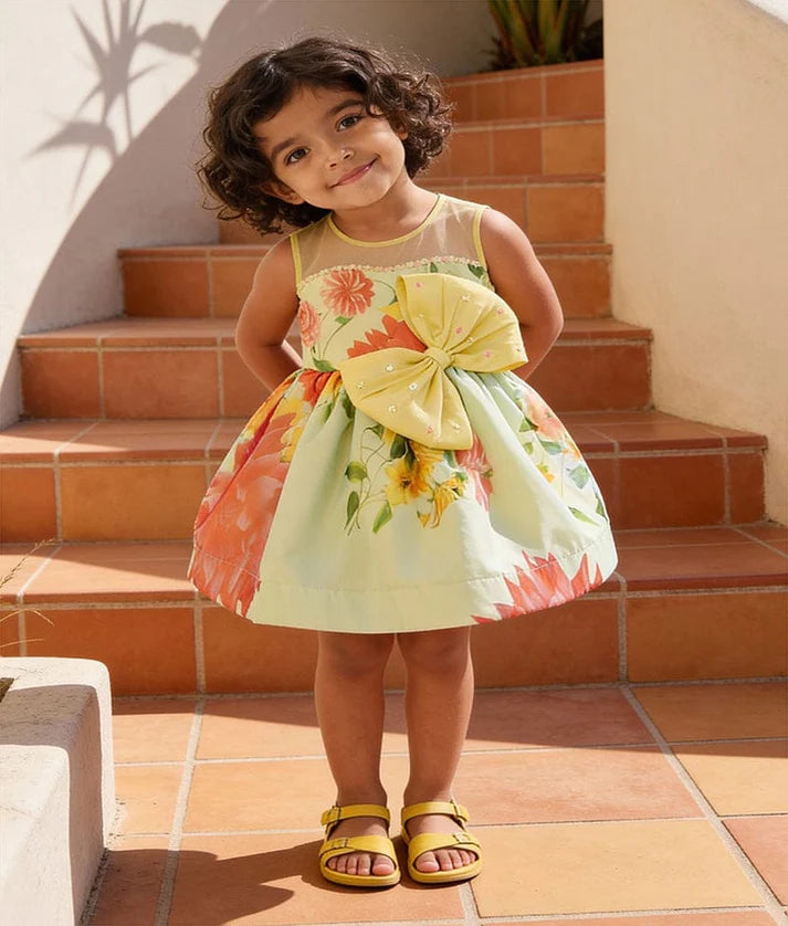 Yellow and Blue Organza Print Dress for Girls