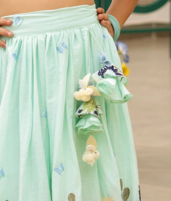 Blue Cotton Mul Embroidered Crop Top Skirt Set