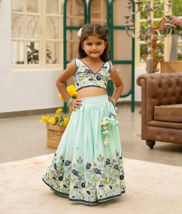 Blue Cotton Mul Embroidered Crop Top Skirt Set