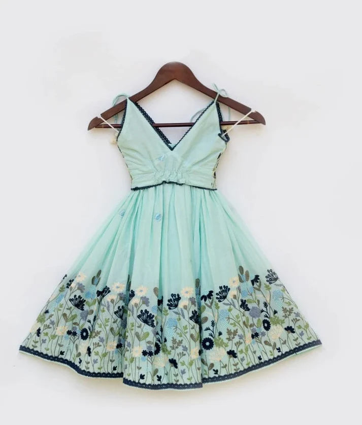 Blue Cotton Mul Embroidered Crop Top Skirt Set