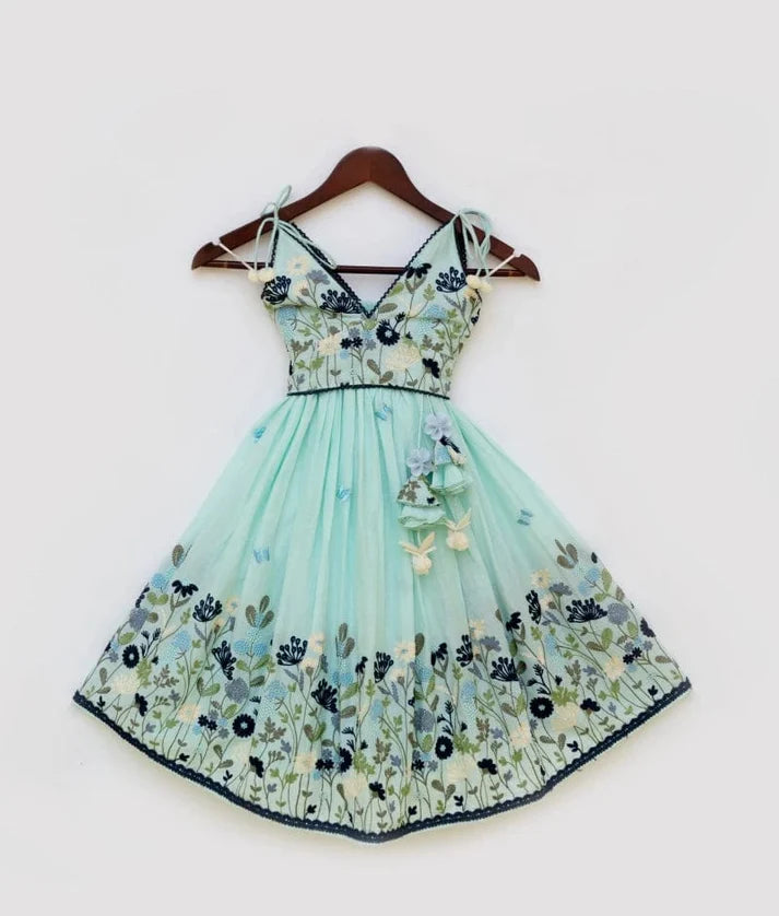 Blue Cotton Mul Embroidered Crop Top Skirt Set