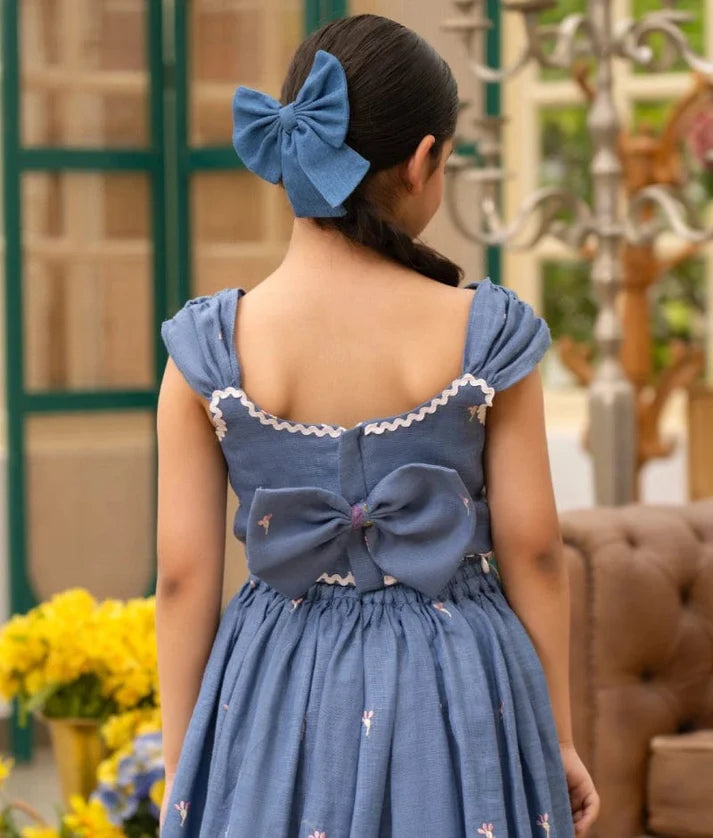 Blue Linen Bloom Crop Top Set