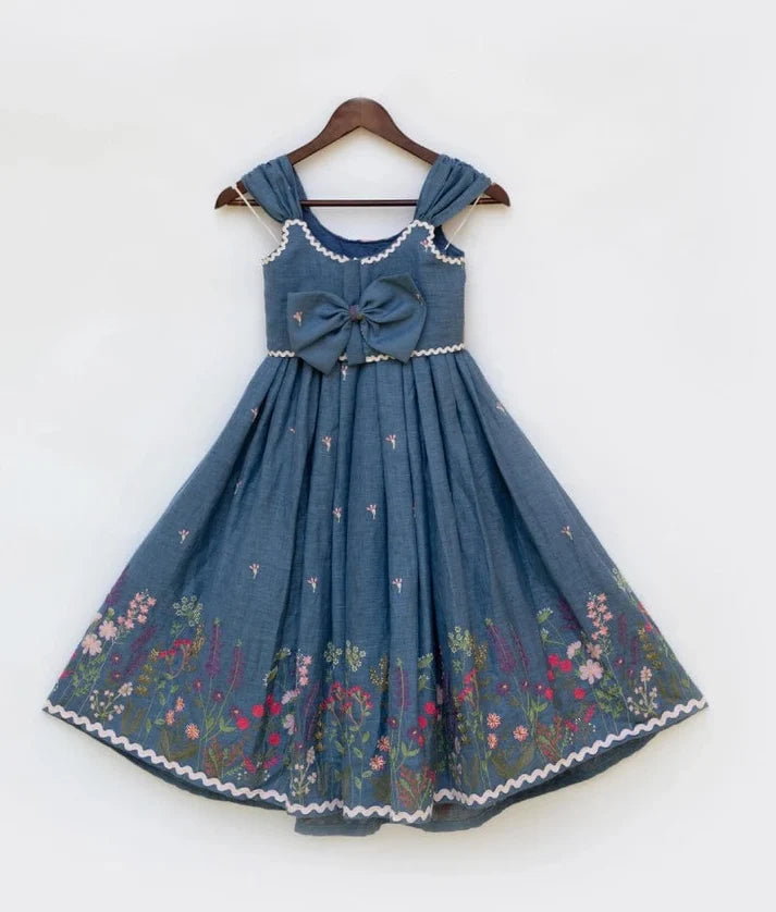 Blue Linen Bloom Crop Top Set