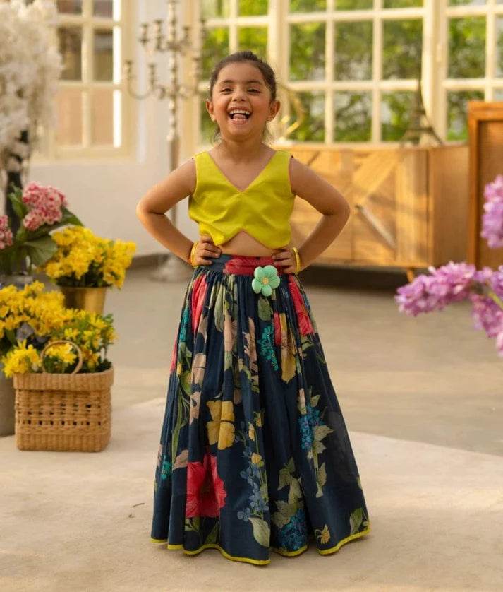 Green Crop Top with Printed Skirt