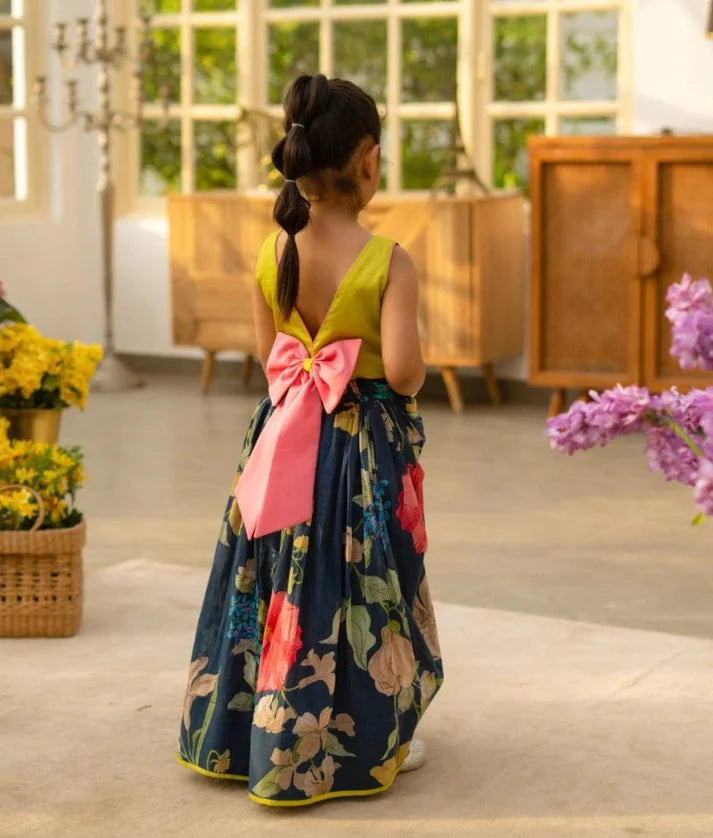 Green Crop Top with Printed Skirt