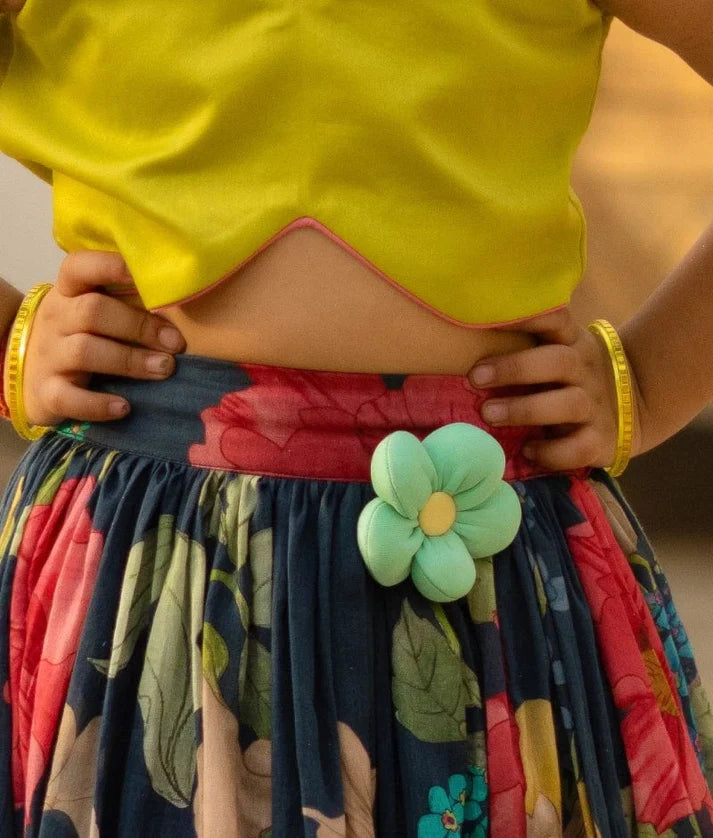 Green Crop Top with Printed Skirt