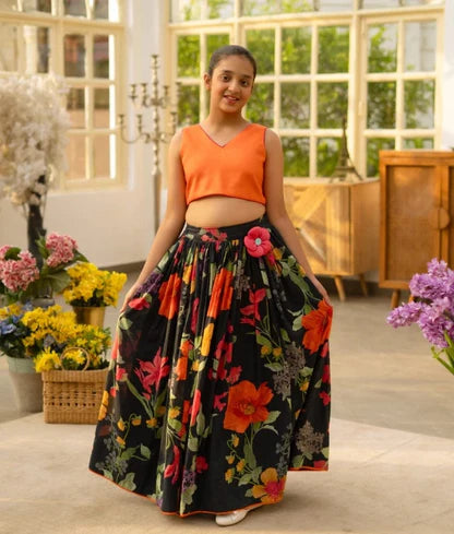 Orange Crop Top with Printed Skirt