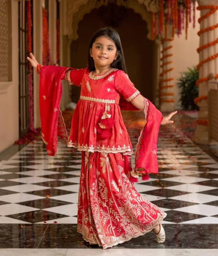 Pink Embroidered Kurti Lehenga Set
