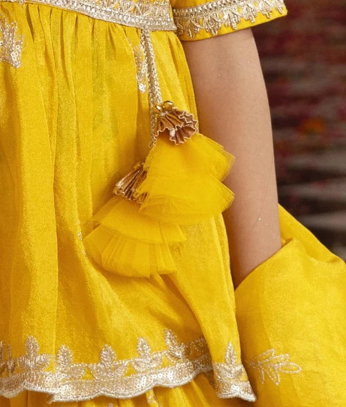 Yellow Embroidered Kurti Lehenga Set