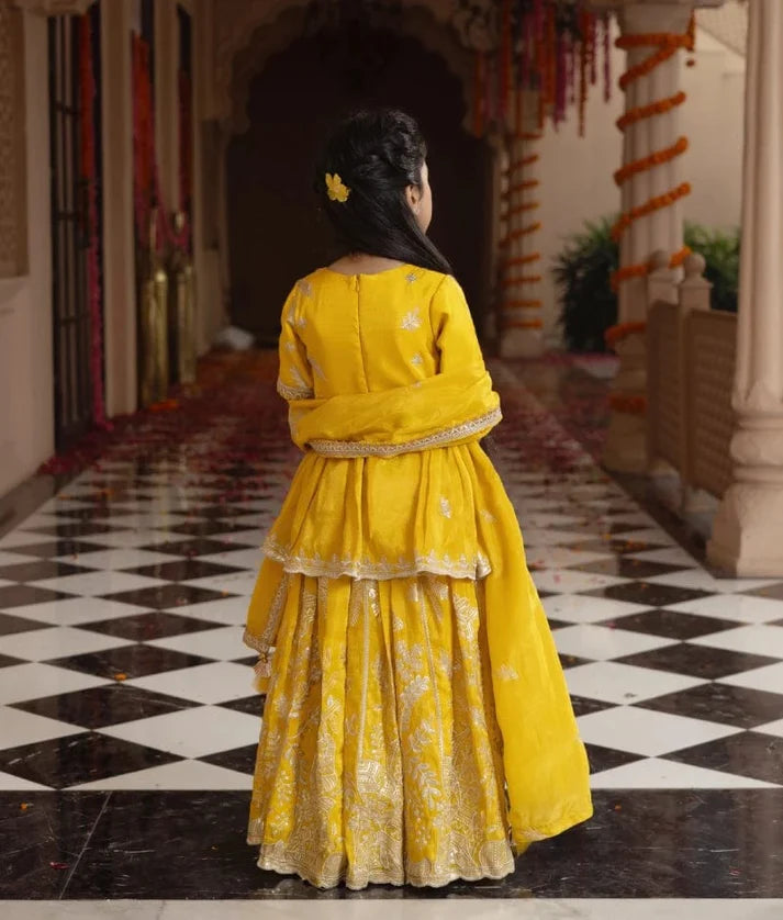 Yellow Embroidered Kurti Lehenga Set