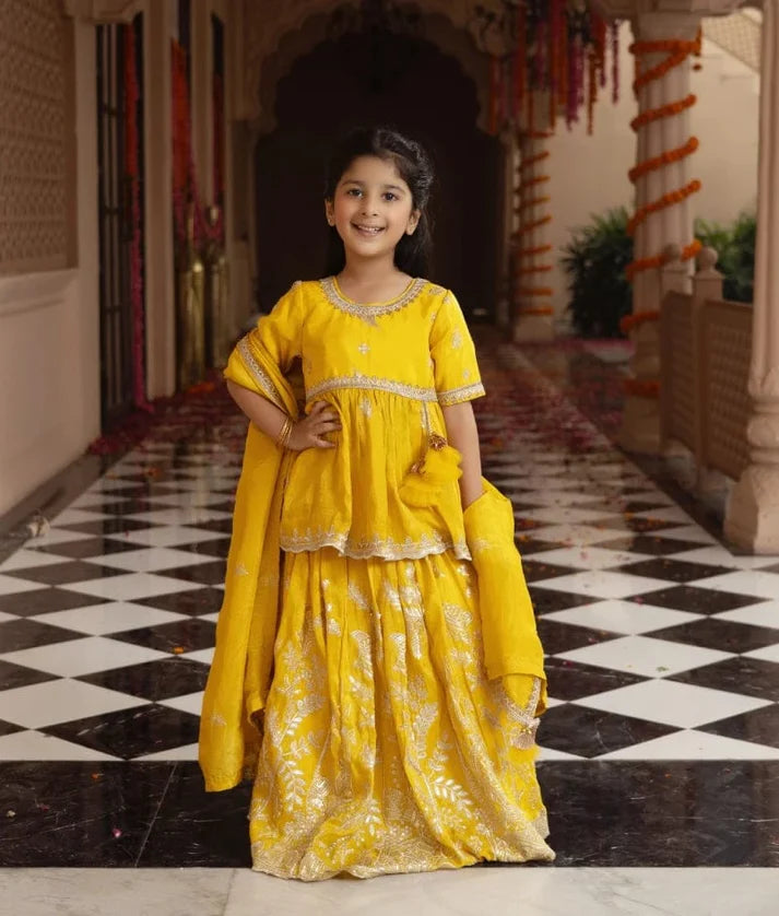Yellow Embroidered Kurti Lehenga Set
