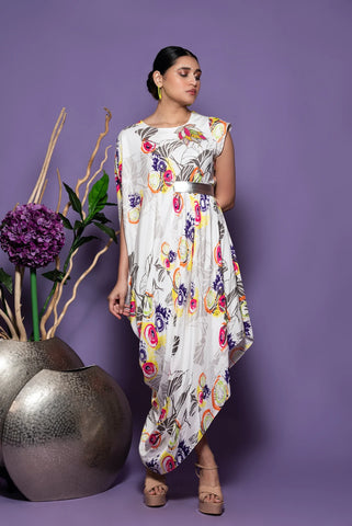 White Printed Draped Dress