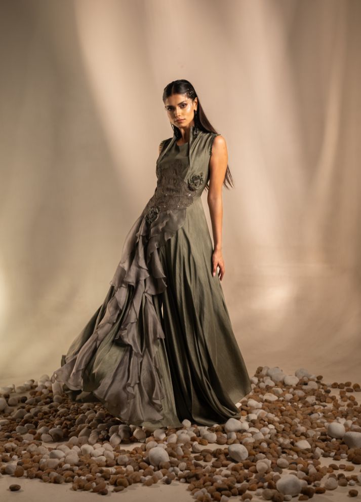 Asymmetric Jumpsuit with Ruffles and 3-d Hand Embroidery