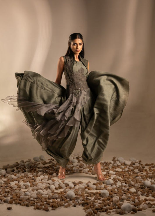 Asymmetric Jumpsuit with Ruffles and 3-d Hand Embroidery