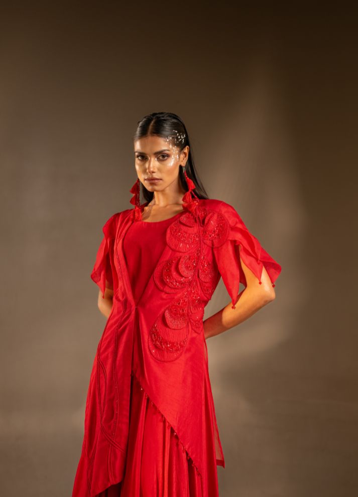 Gown with an Asymmetric Jacket and 3-d Embellishment