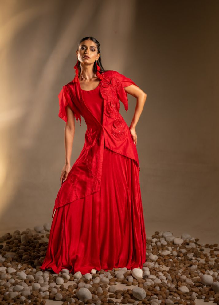 Gown with an Asymmetric Jacket and 3-d Embellishment