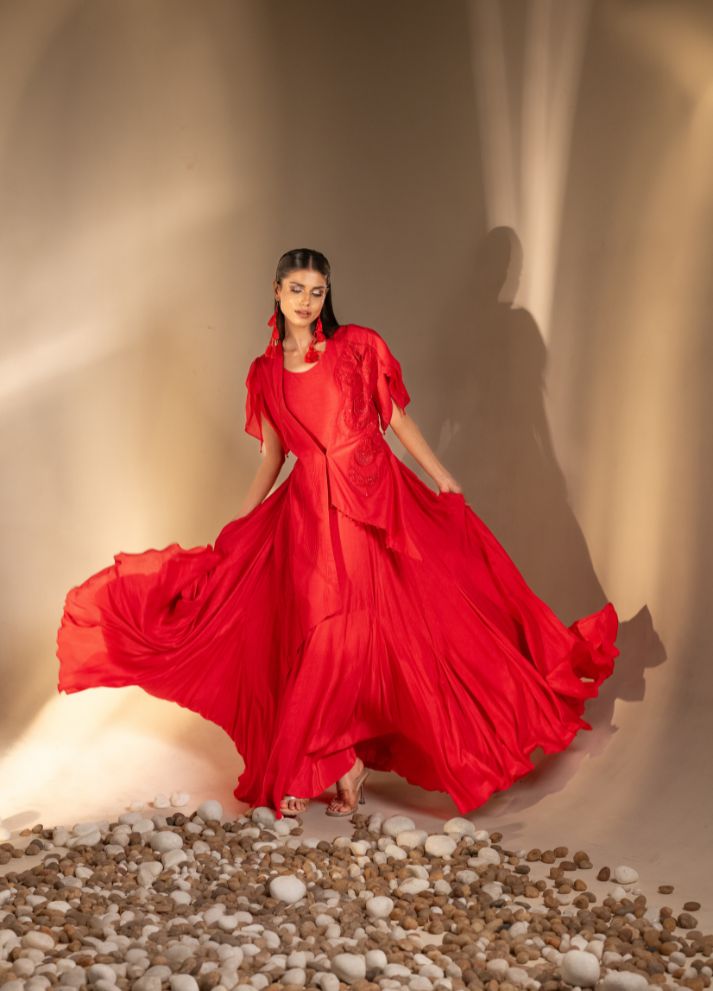 Gown with an Asymmetric Jacket and 3-d Embellishment