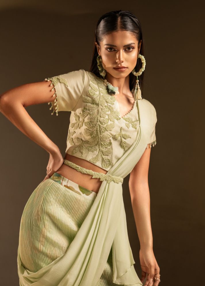 Pin Tucked Skirt with Draped Blouse And Belt