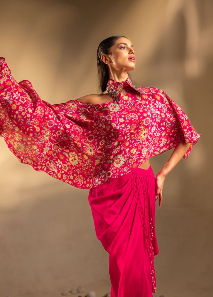 Pleated Skirt with Asymmetric Cape