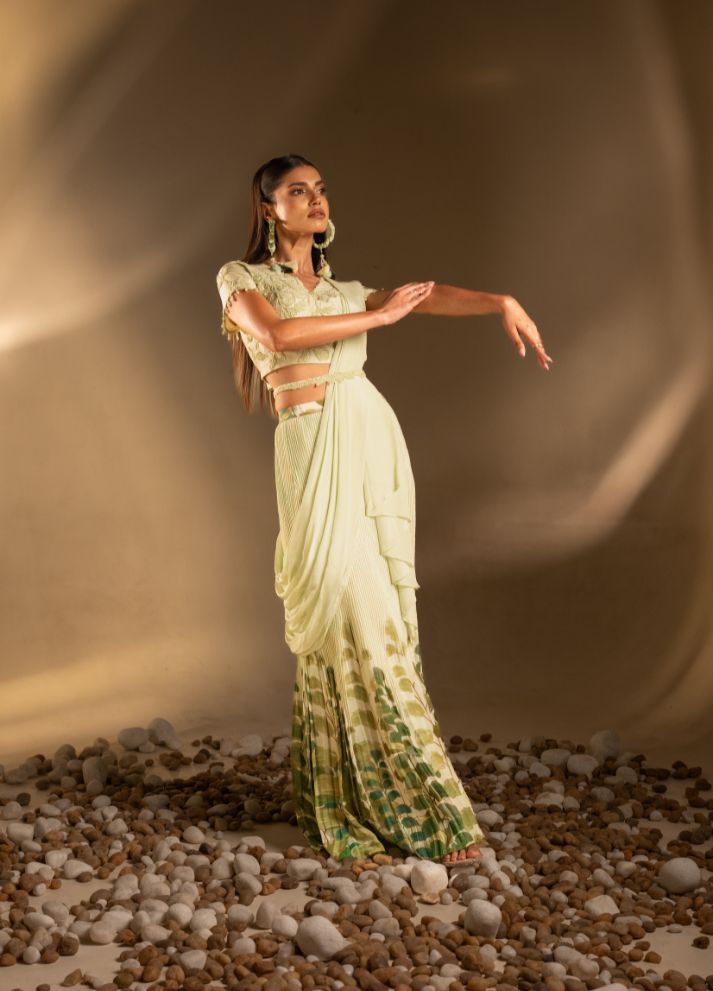 Pin Tucked Skirt with Draped Blouse And Belt