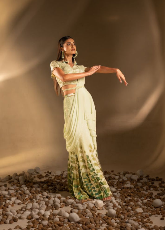 Pin Tucked Skirt with Draped Blouse And Belt