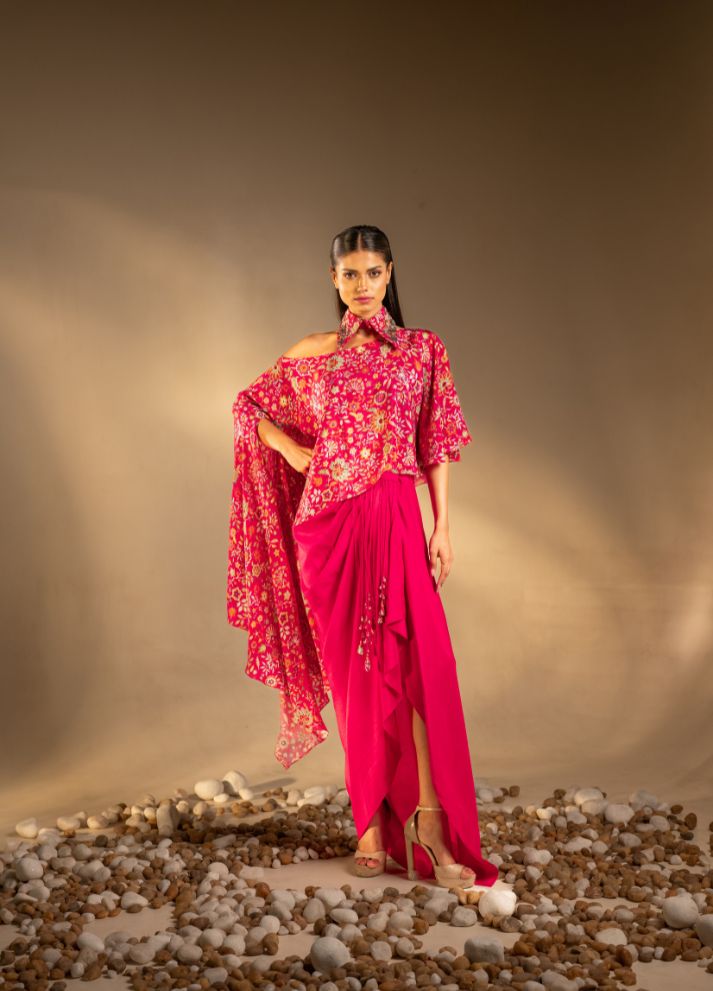 Pleated Skirt with Asymmetric Cape