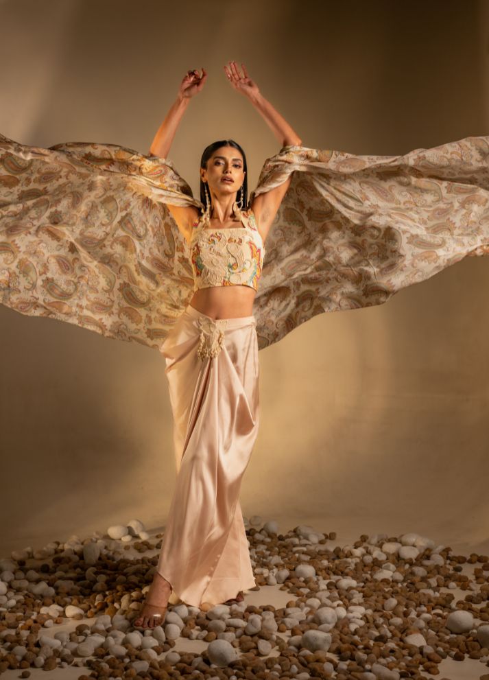 Draped Skirt, Crop Top and Cape