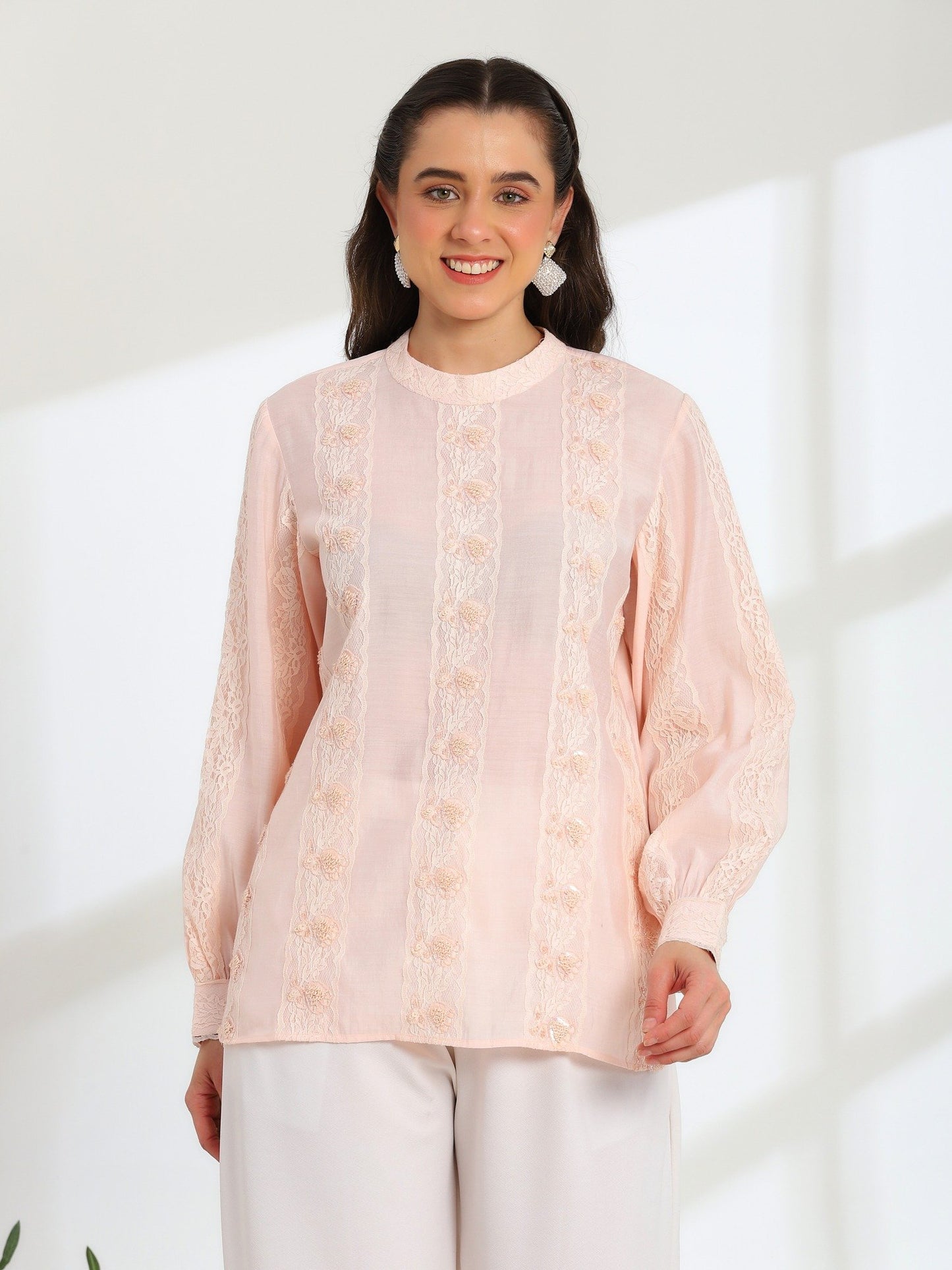Elan Pink Hand Embroidered French Lace Silk Cotton Shirt