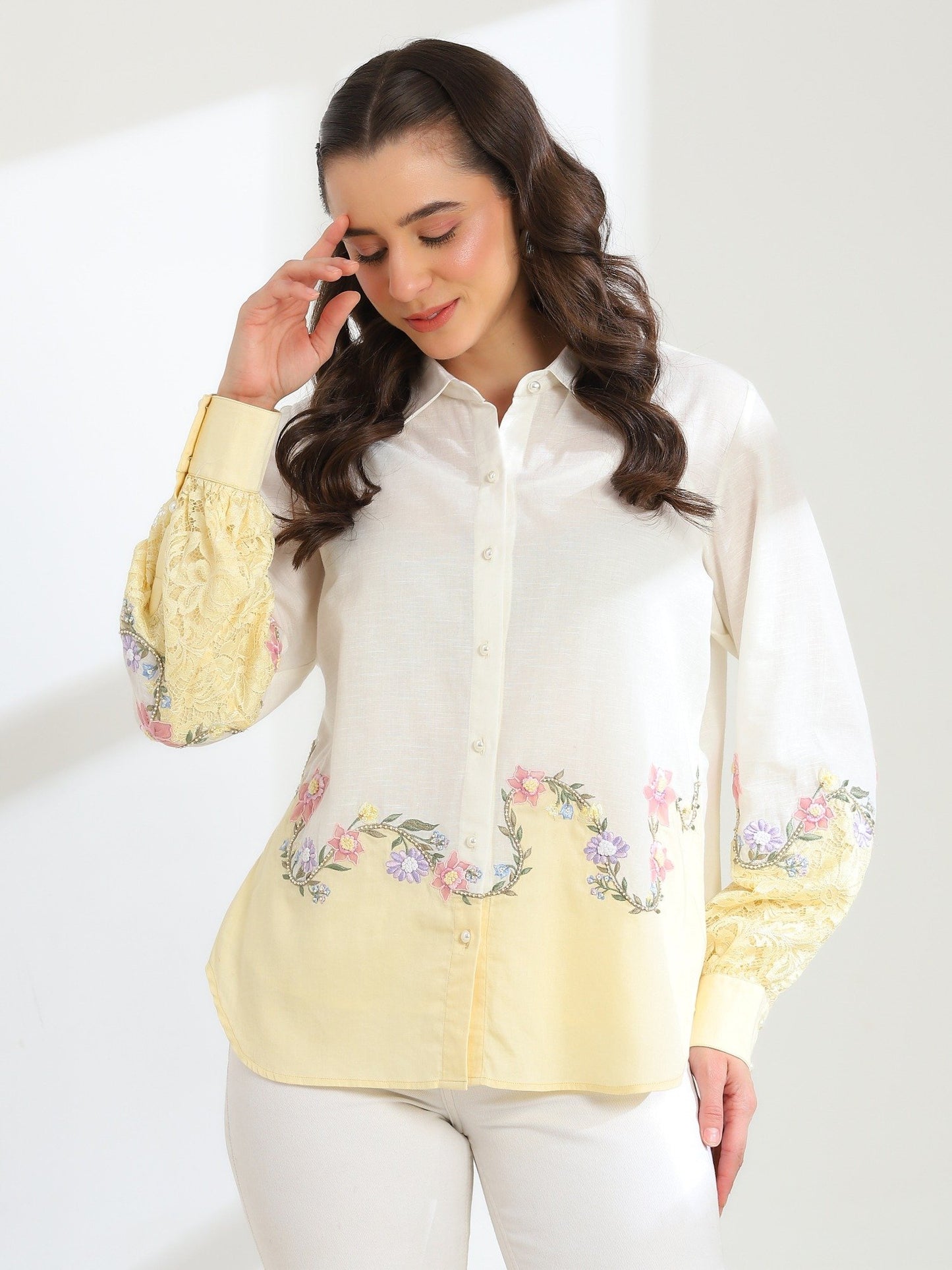 Sunlit Yellow Garden Embroidered French lace Silk Linen Shirt