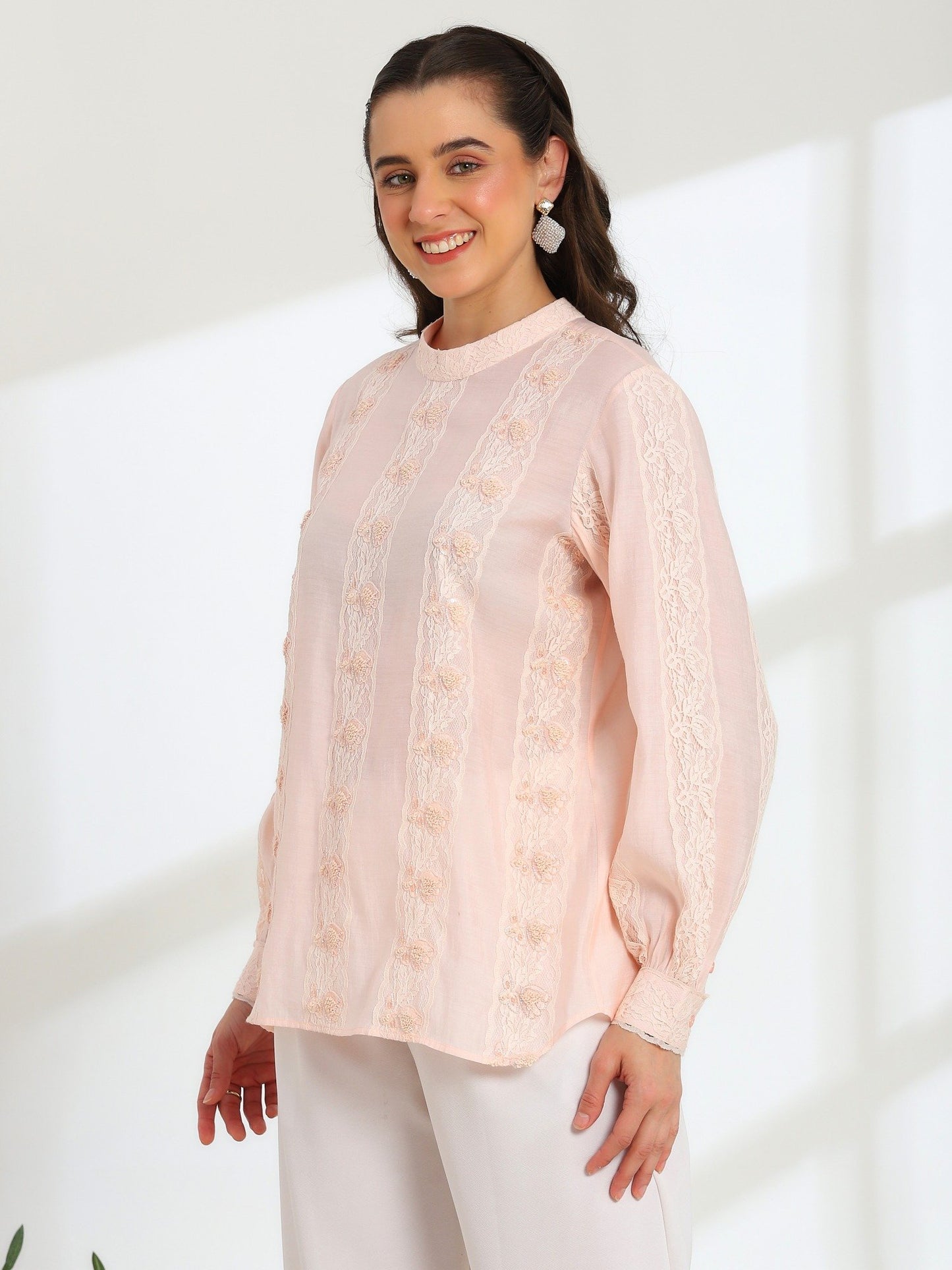 Elan Pink Hand Embroidered French Lace Silk Cotton Shirt