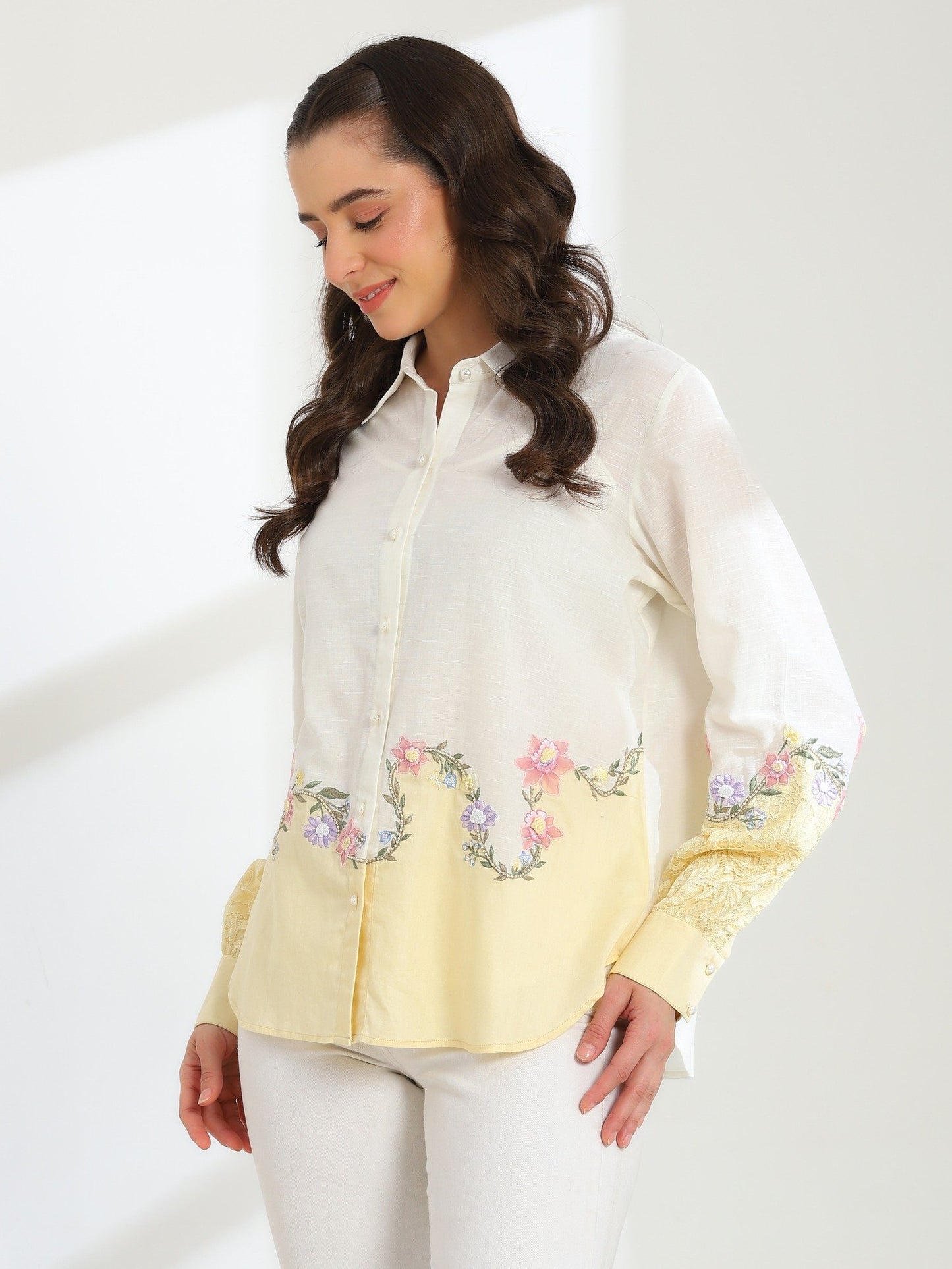 Sunlit Yellow Garden Embroidered French lace Silk Linen Shirt