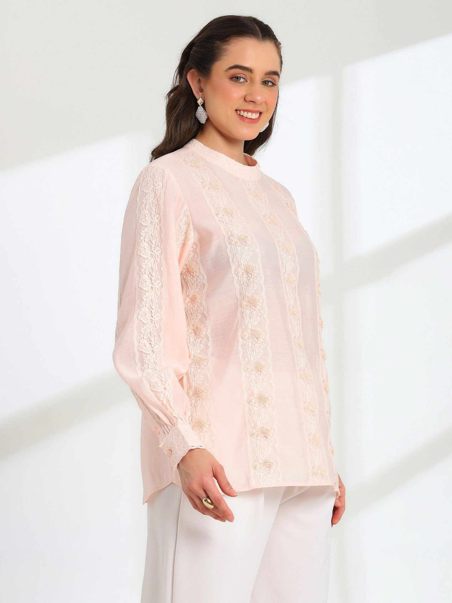 Elan Pink Hand Embroidered French Lace Silk Cotton Shirt