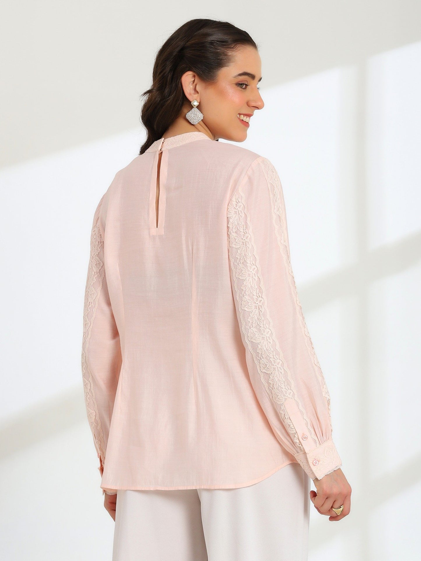 Elan Pink Hand Embroidered French Lace Silk Cotton Shirt