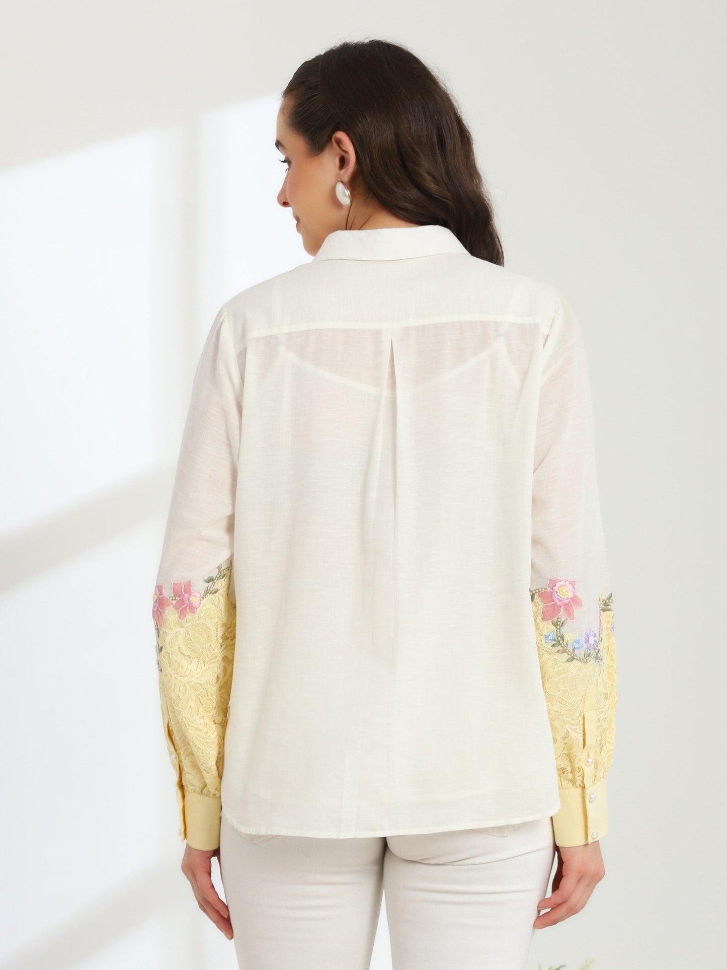Sunlit Yellow Garden Embroidered French lace Silk Linen Shirt