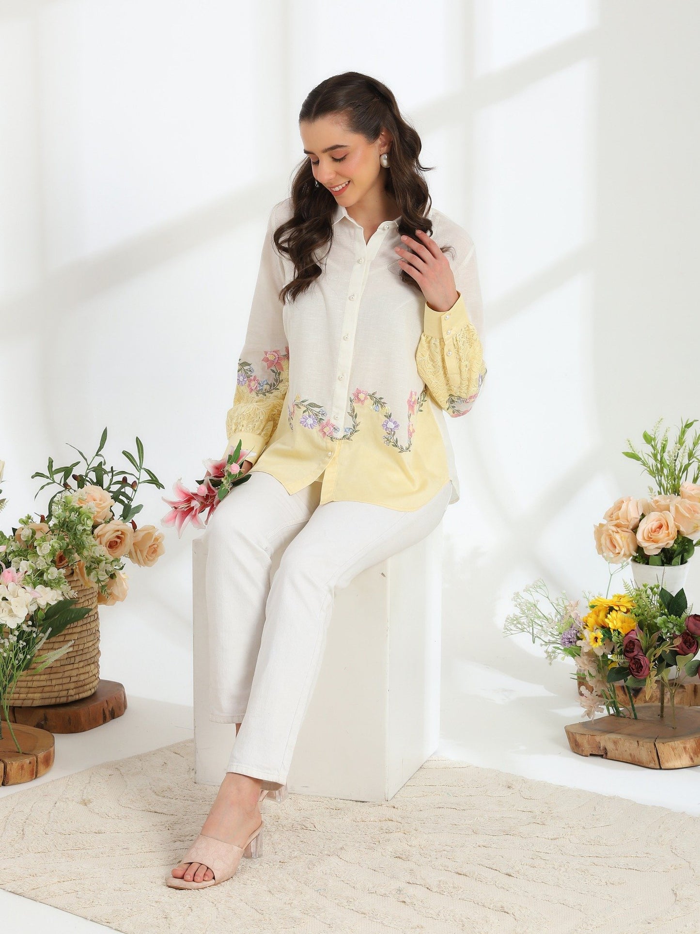Sunlit Yellow Garden Embroidered French lace Silk Linen Shirt