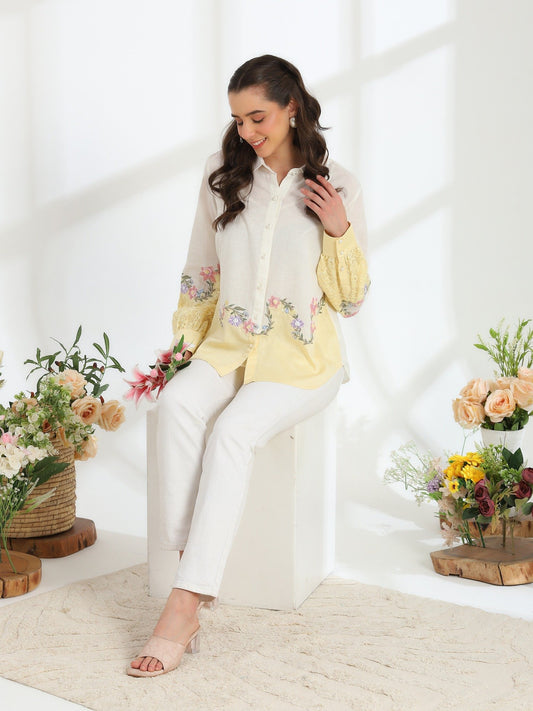 Garden Embroidered French lace Silk Linen Shirt