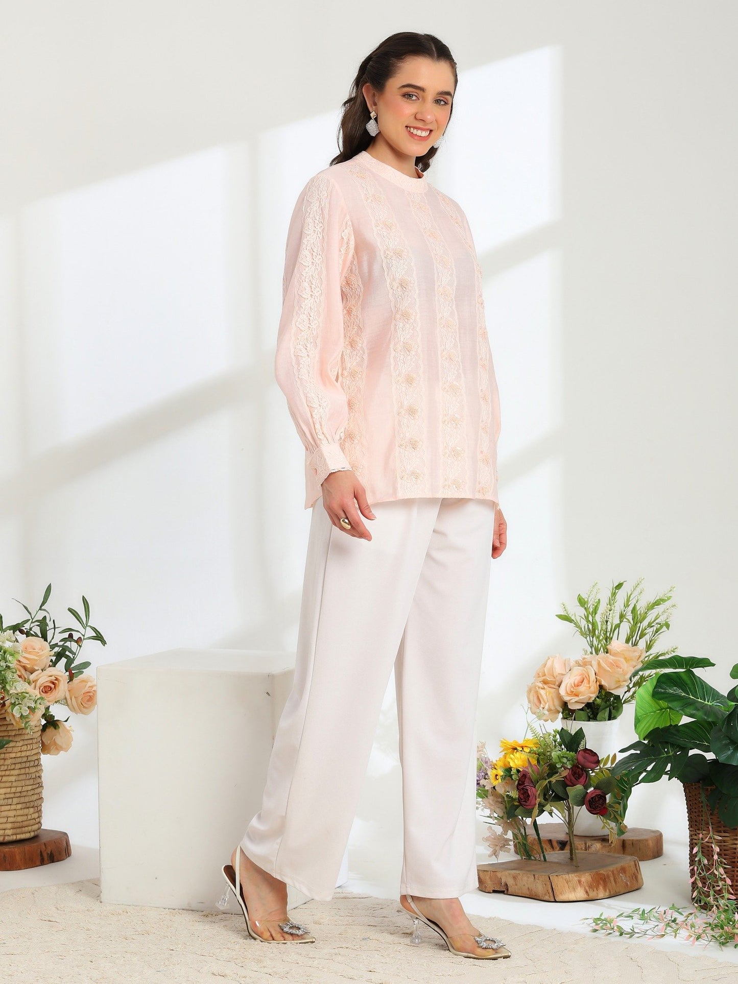 Elan Pink Hand Embroidered French Lace Silk Cotton Shirt