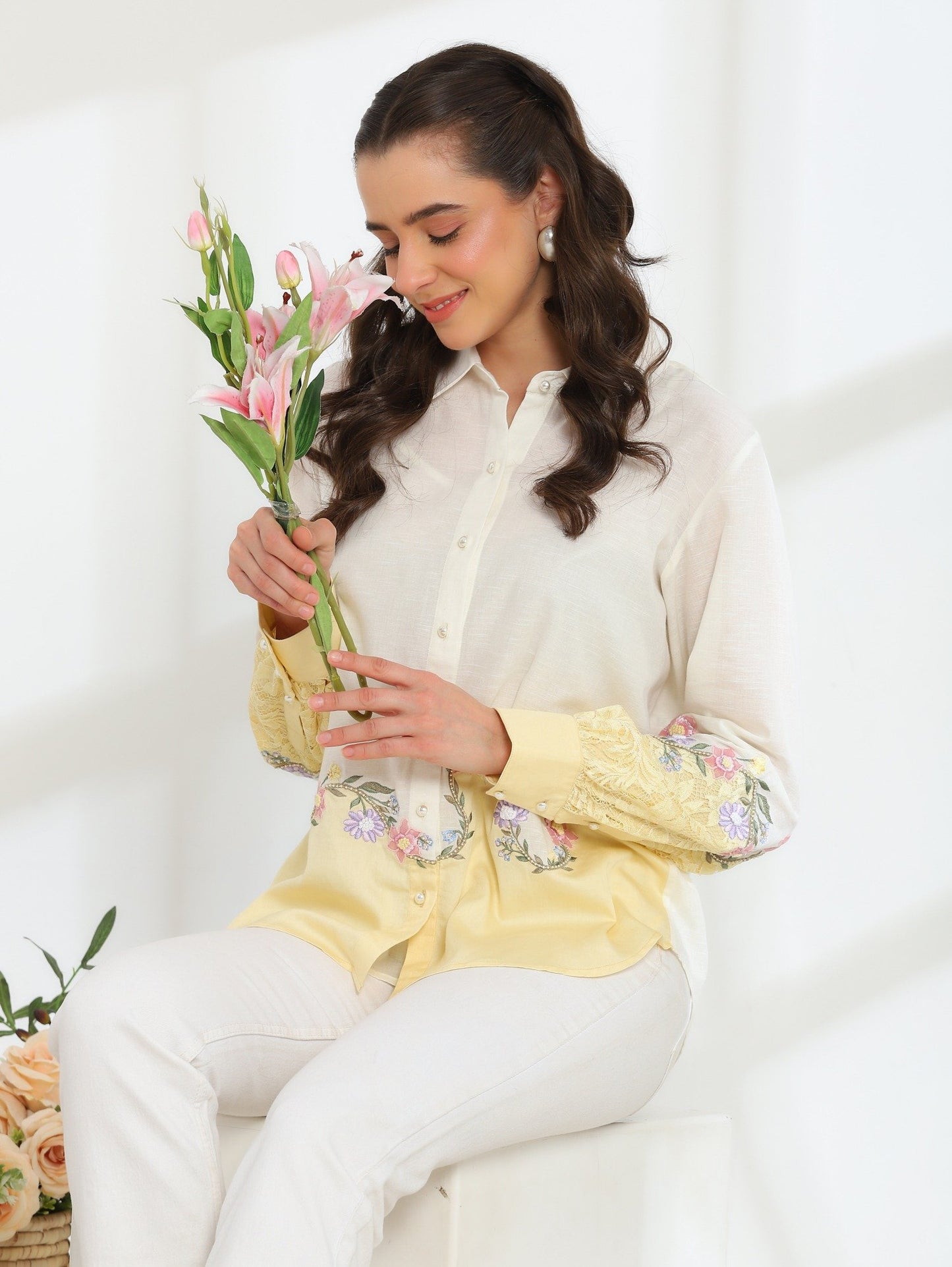 Sunlit Yellow Garden Embroidered French lace Silk Linen Shirt