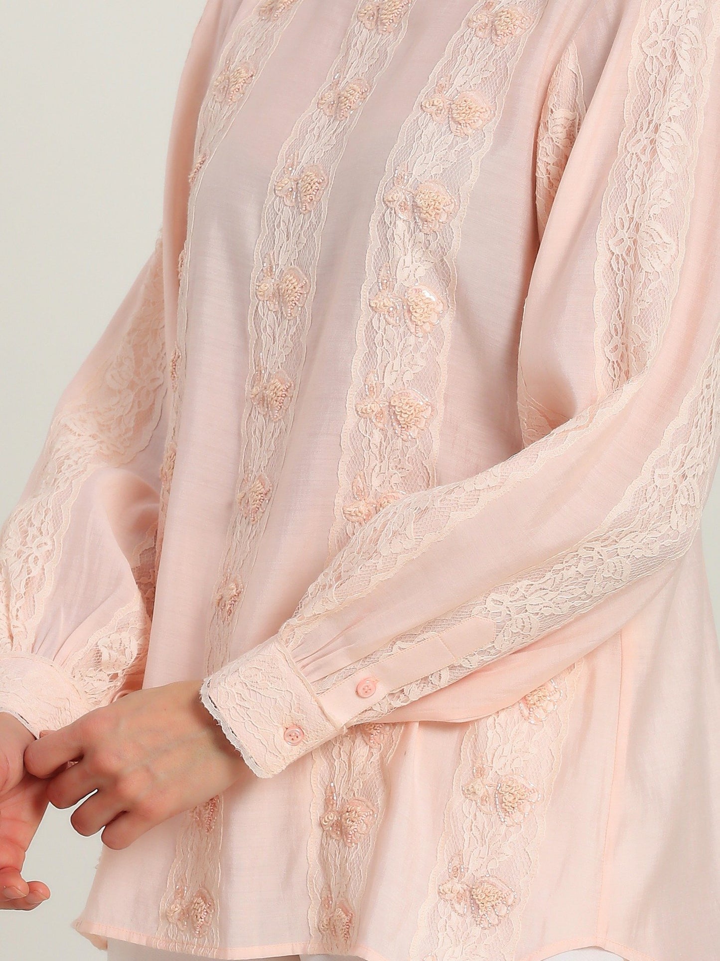 Elan Pink Hand Embroidered French Lace Silk Cotton Shirt